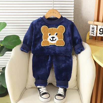 Autumn Winter Baby Boys Homewear Sets Fashion Cartoon Bear Flannel Fleece Clothes for 1-6 Years Kids Sleepwear Children Pajamas