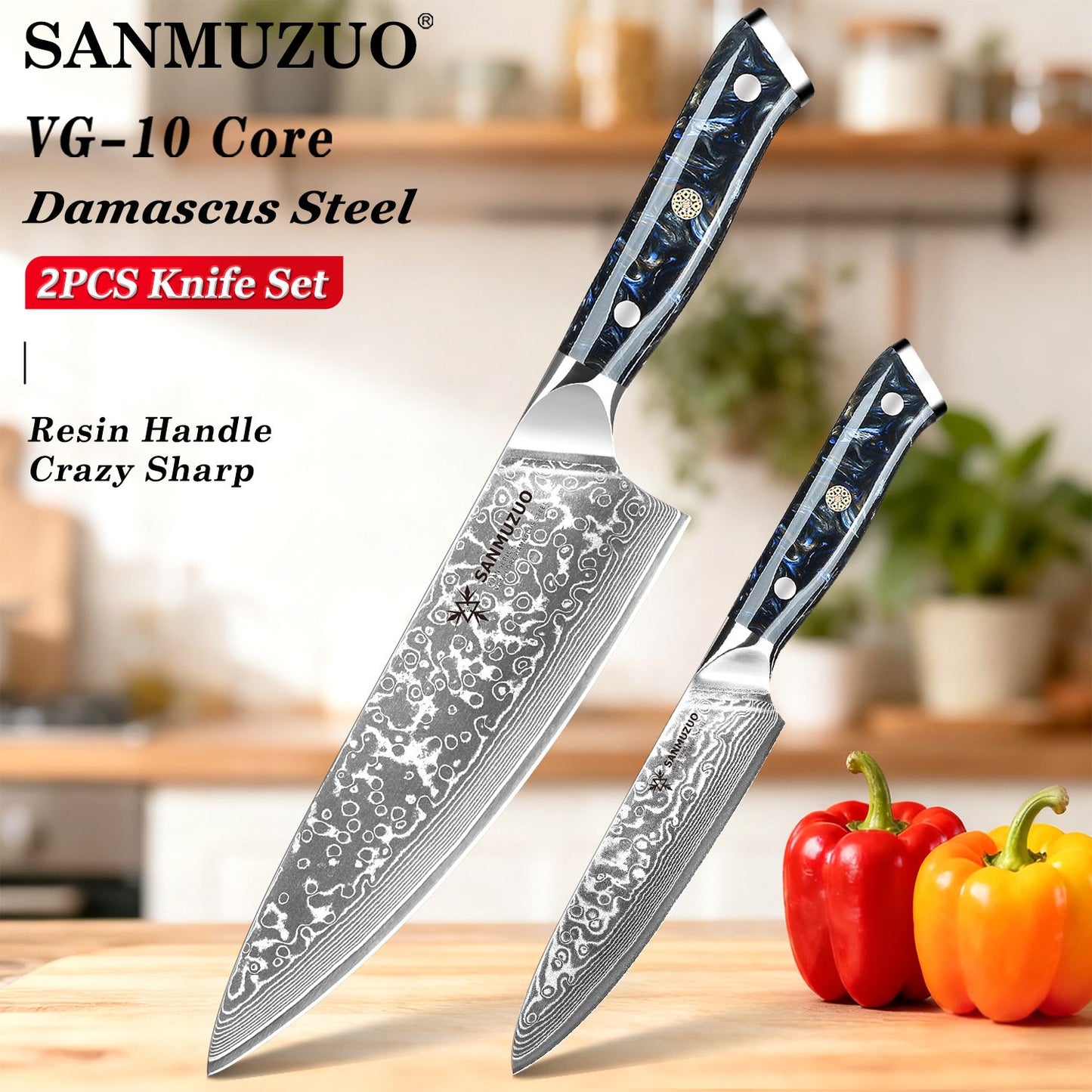 SANMUZUO Conjunto de Facas de Cozinha 2 Peças - Série Xuan Faca de Chef e Faca Utilitária de Aço Damasco Ultra Afiadas - Cabo de Resina para Culinária Diária