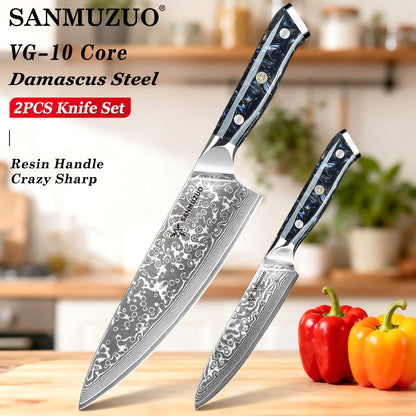 SANMUZUO Conjunto de Facas de Cozinha 2 Peças - Série Xuan Faca de Chef e Faca Utilitária de Aço Damasco Ultra Afiadas - Cabo de Resina para Culinária Diária