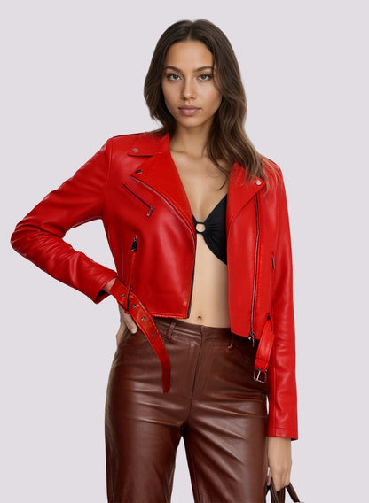 Women's Bright Red Long-sleeve PU Jacket, Lapel Collar Black Short Faux Leather Coat, Available in Dark Brown or Beige.