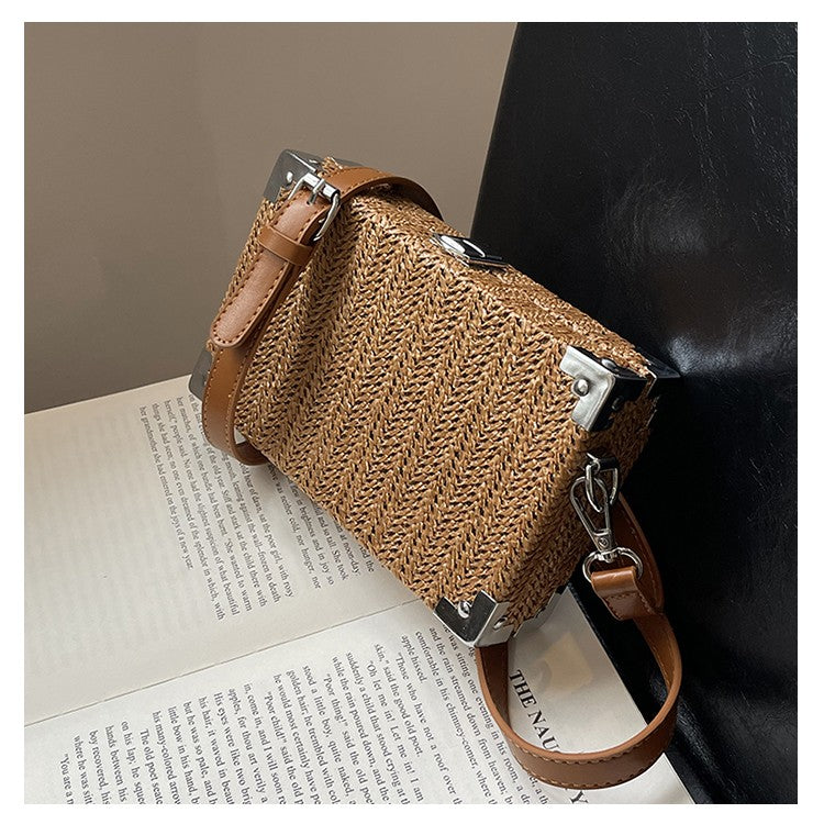 Couple's Sling Bag Straw Weaving with Corner Metal Decoration Boxy Shape Doctor Bag for Date Back to School Party Shoulder Bag