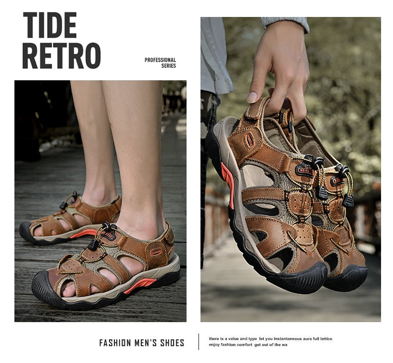 Summer Men's Sandals Classic Genuine Leather Sandals Fashion Outdoor Hiking Shoes Light  Breathable Non-slip Sneakers 38-48