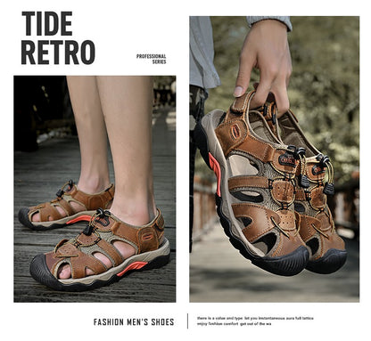 Summer Men's Sandals Classic Genuine Leather Sandals Fashion Outdoor Hiking Shoes Light  Breathable Non-slip Sneakers 38-48