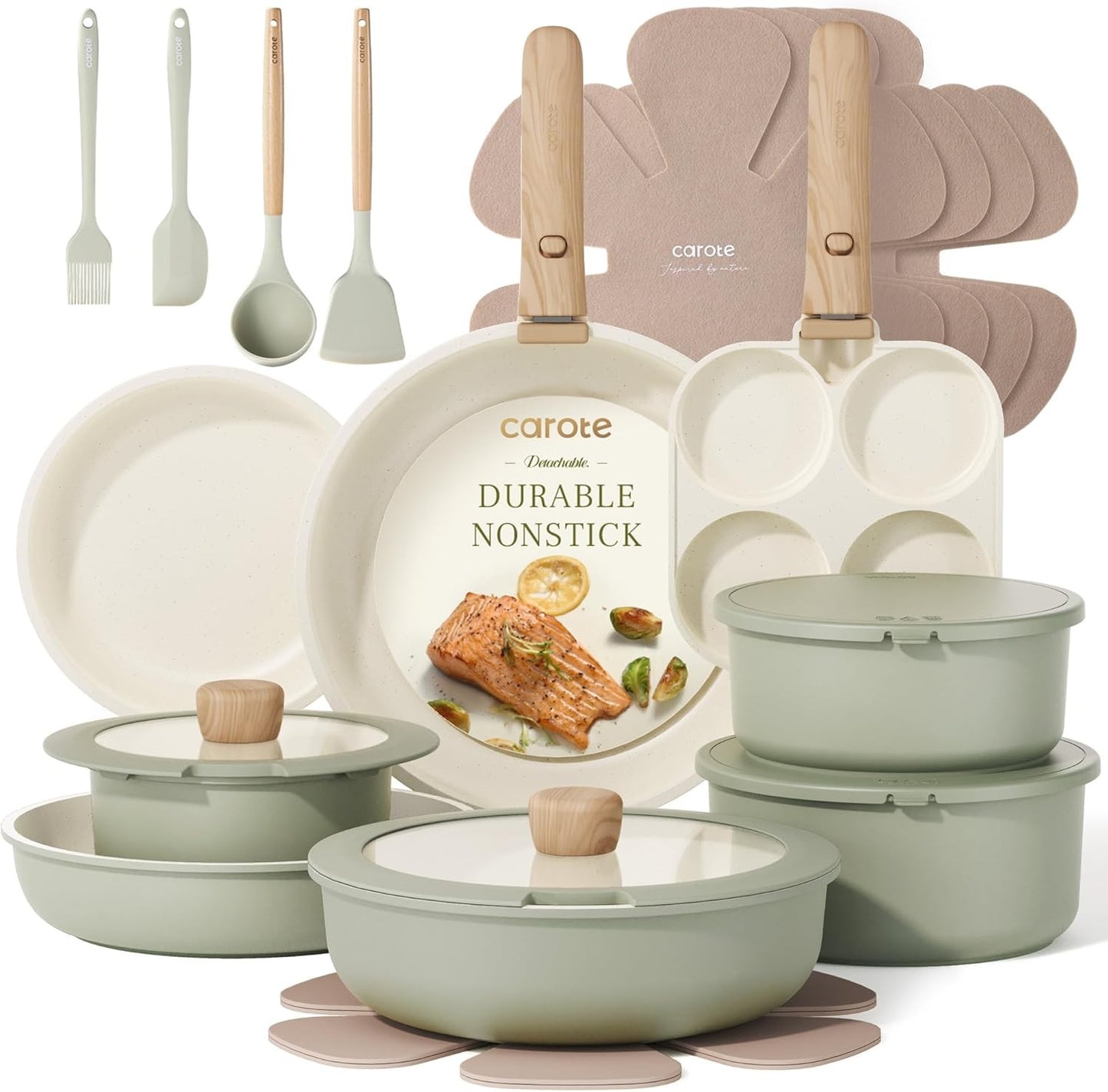 Conjunto de Panelas de 25 Peças Antiaderente, Conjunto de Utensílios de Cozinha, Conjunto de Cozinha, Seguro para Forno/Lava-louças/Geladeira, Conjunto de Panelas que Economiza Espaço, Conjunto Antiaderente