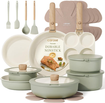 Conjunto de Panelas de 25 Peças Antiaderente, Conjunto de Utensílios de Cozinha, Conjunto de Cozinha, Seguro para Forno/Lava-louças/Geladeira, Conjunto de Panelas que Economiza Espaço, Conjunto Antiaderente