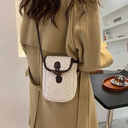 Fashion Winter Lambswool Phone Bag Sweet Lovely Portable Women Wallets Square Purse Faux Fur Plush Shoulder Bags Purses Handbags