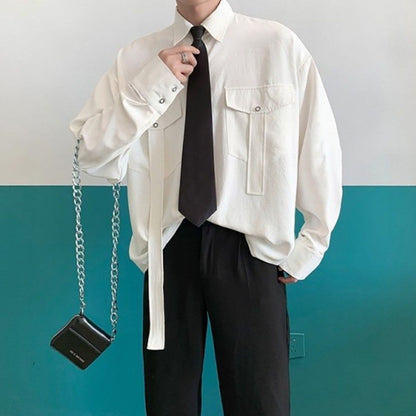 Gmiixder Cargo Long-sleeve Shirt with Tie Men's Oversize Kpop Shirt Korean Streetwear Versatile Motorcycle Pocket Streamers Coat