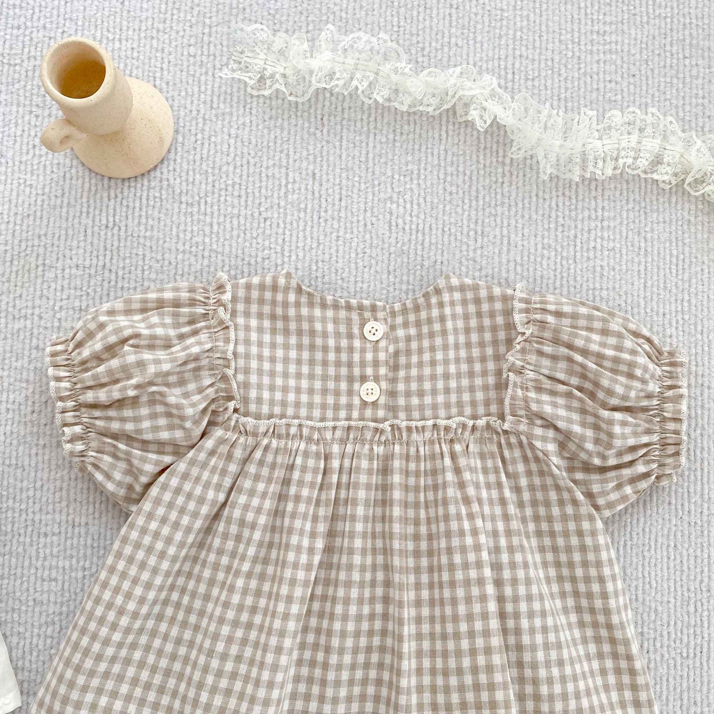 Girls Summer Fashion Set Children's Embroidered Grid Puff Sleeve Top+Shorts Two Piece Cute Baby Girls Clothes Set Baby Clothes