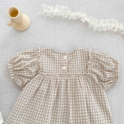 Girls Summer Fashion Set Children's Embroidered Grid Puff Sleeve Top+Shorts Two Piece Cute Baby Girls Clothes Set Baby Clothes