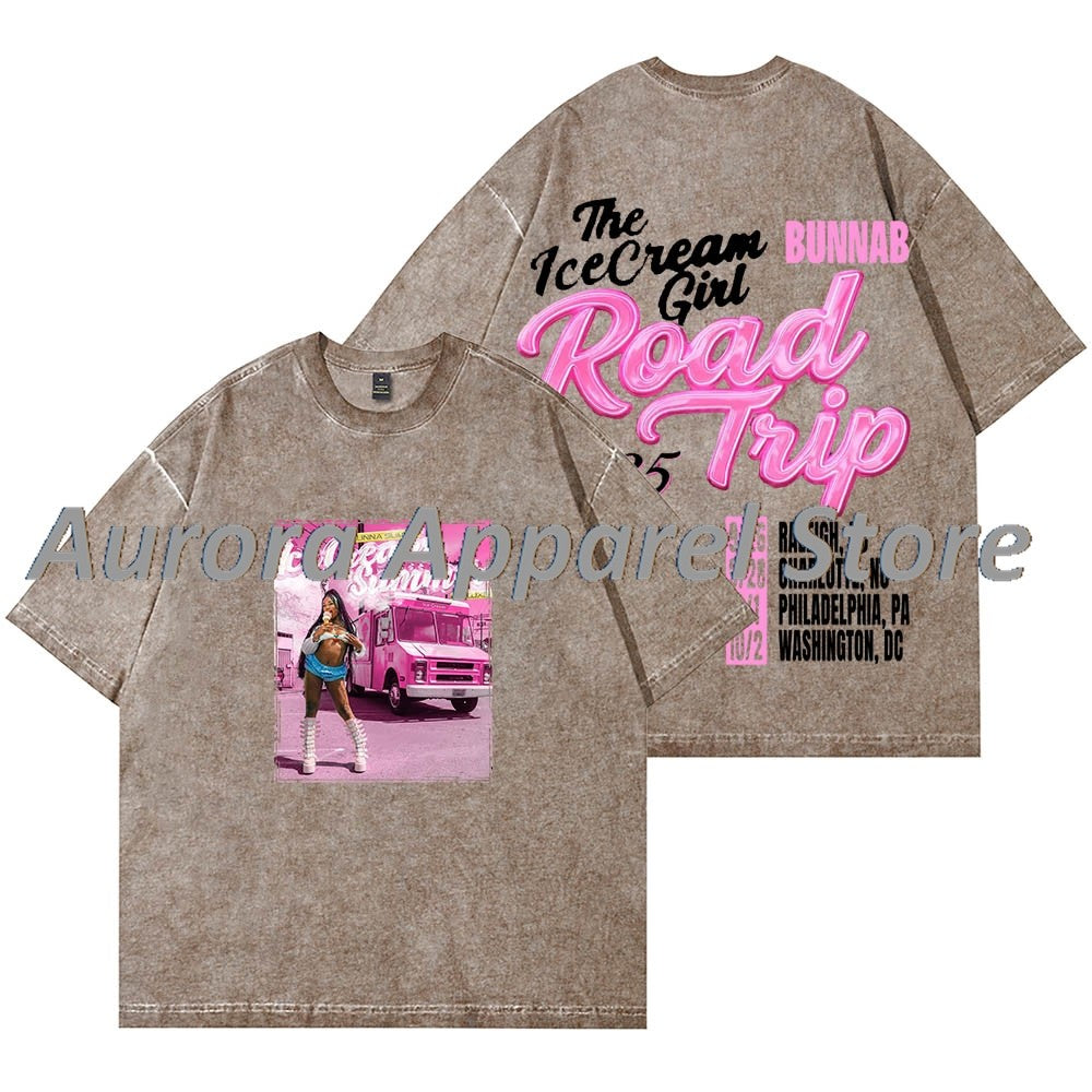 BunnaB The Ice Cream Girl Road Trip Vintage Wash T-Shirts Cosplay Women Men Cotton Short Sleeve Tee