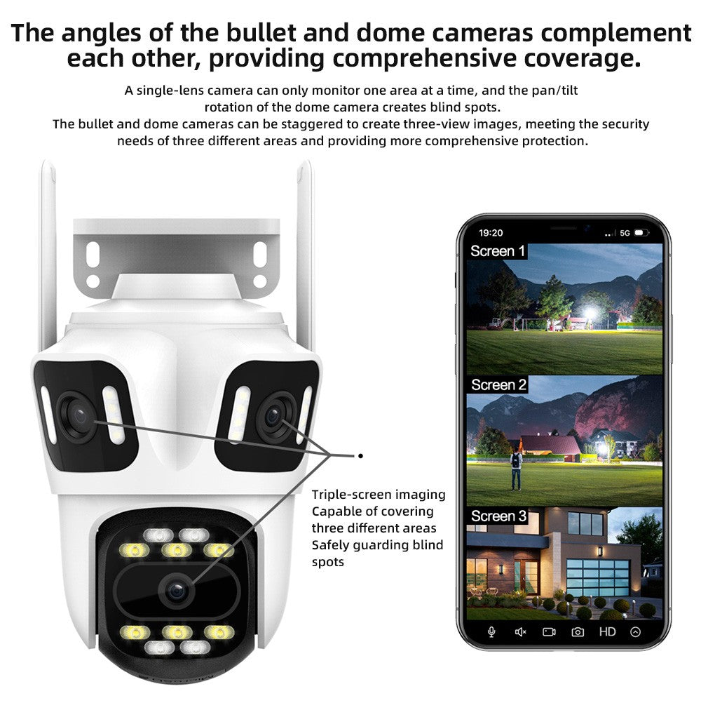 KERUI Icsee Outdoor PTZ 6K WIFI IP Camera Home Security Triple Lens Camera CCTV Video Surveillance With Triple Screens