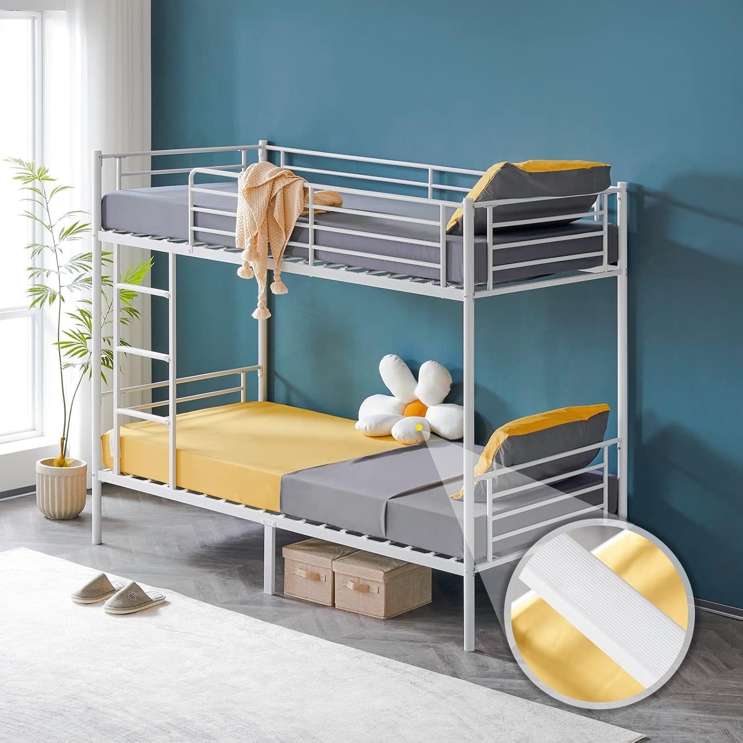 Metal Bunk Bed Twin Over Twin, Heavy Duty Bunk Bed with Flat Steps for Kids, Teens & Adults, Gray