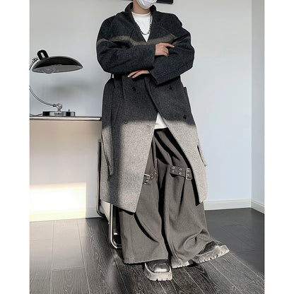 Men's Double-Breasted Wool Blend Overcoat with Belt Loose Fit Solid Color Stand Collar Mid-Length Trench Coat for Autumn Winter