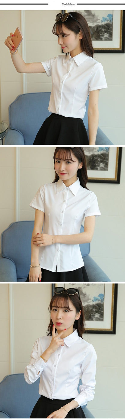 Korean Fashion White Shirt Women Autumn Short Sleeve Blouse Slim Office Lady Tops Women's Shirt S-5XL Student Shirt Women's Wear