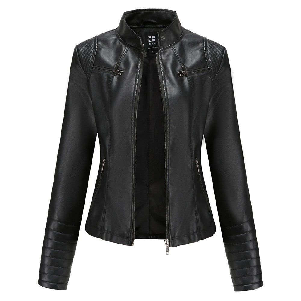 Women's Slim Leather Jacket, Stand-up Collar, Zipper Stitching, Monochromatic Coat, Fashion Clothing, New