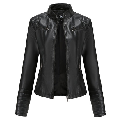 Women's Slim Leather Jacket, Stand-up Collar, Zipper Stitching, Monochromatic Coat, Fashion Clothing, New