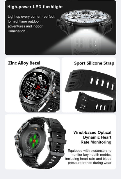 Novo Smartwatch Militar Bateria de 1000mAh Rastreamento GPS Bússola 10ATM À Prova D'água Tático Esportivo Lanterna Chamada BT Smartwatch Para Homens