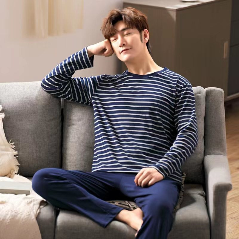 2Pcs/set men's pajamas set of large size long-sleeved long trousers autumn and winter students home clothing round neck autumn m