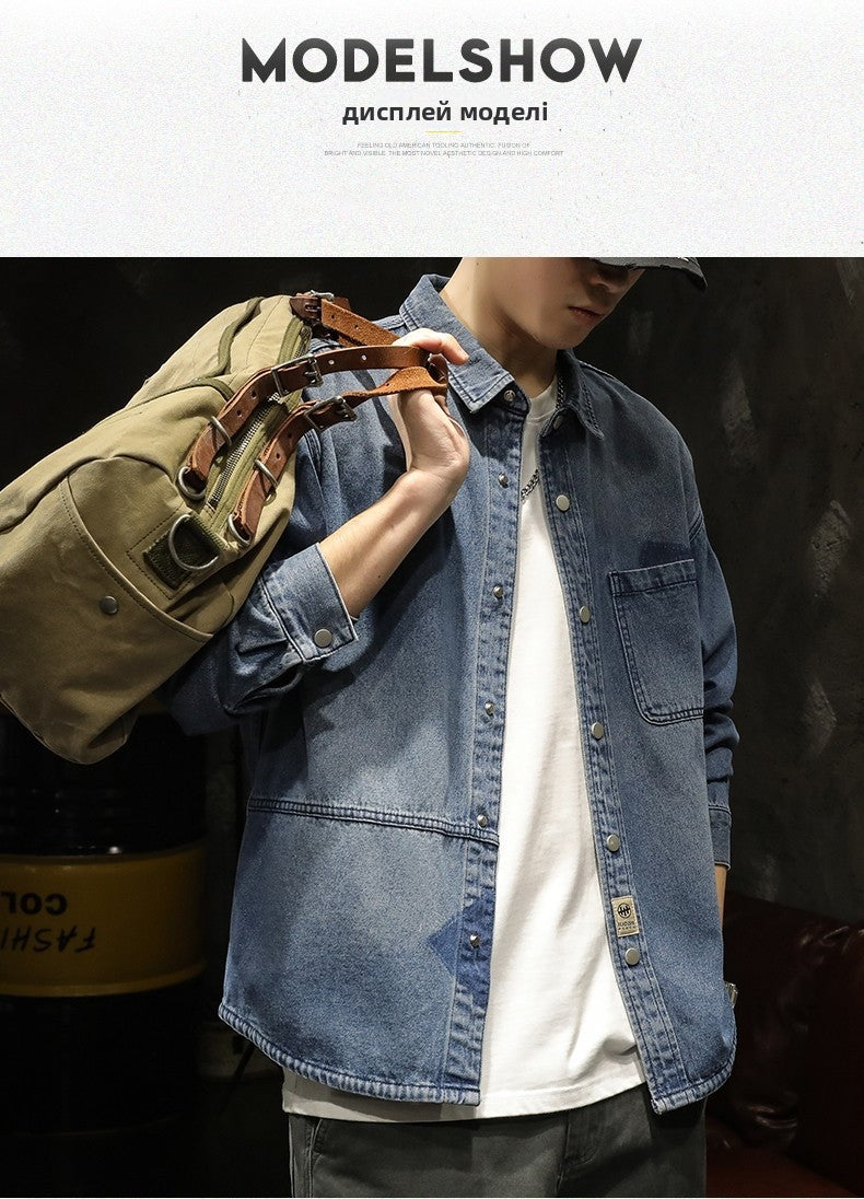 American Sle Heavyweight Men's Denim irt Loose Workwear Jaet Casual Long Sve Breathable Moisture ng Pure Color