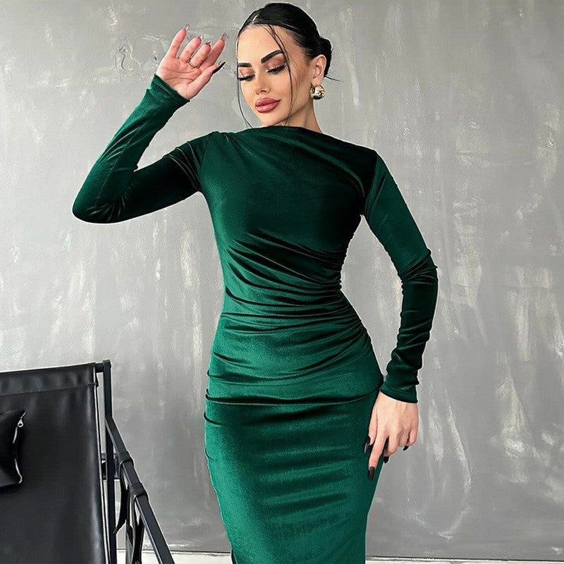 Dulzura 2024 Spring Summer Velvet Long Sleeve Midi Dress For Women Ruched Long D