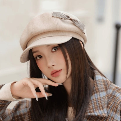 Retro Wool Bow Beret Solid Color Warm Painter Hat Versatile Y2k Newsboy Hat Female