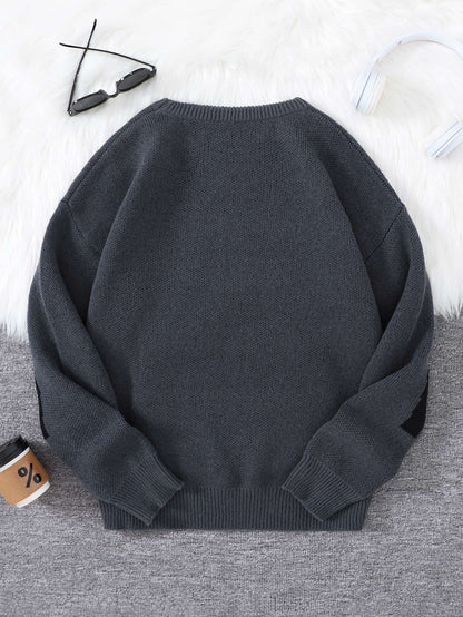 New Popular Spring Autumn Graffiti Jacquard Pattern Pullover Sweater Casual Round Neck Contrast Color Knitted Men's Pullover