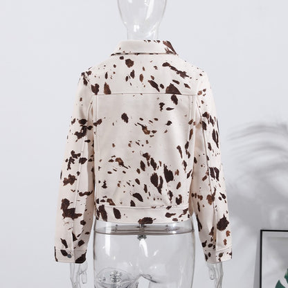 Fashion Women's Cow Print Jacket Lapel Collar Short Length Zipper Button Coats 2025 Autumn Winter Female Trendy Warm Outerwear