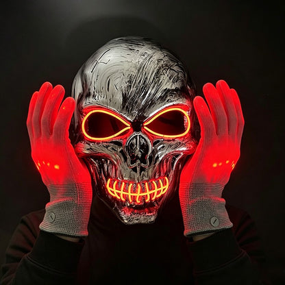 Halloween LED Skull Mask with Light Up Gloves EL Wire Glowing Skeleton Mask Lighted Flashing LED Gloves Set for Cosplay Party