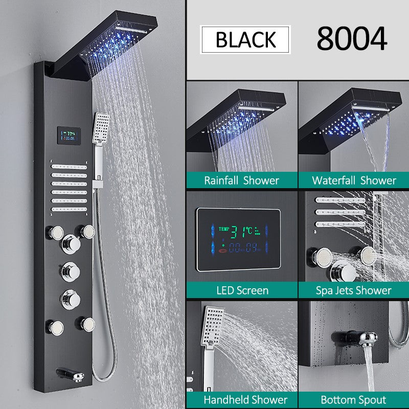 Sistema de Torre de Painel de Chuveiro de LED Coluna de Chuveiro de Cascata de Chuva com Tela LCD de Hidroeletricidade com Torneira de Chuveiro de Spa de Corpo com Massagem