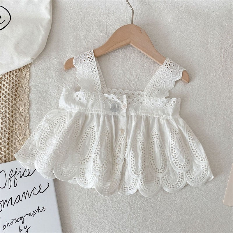 Girls Children Outfit Sets Summer Kids Clothes Lace Edge Pure White Baby Girl Casual White Hollow Vest Top Suspender+Denim Skirt