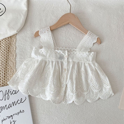 Girls Children Outfit Sets Summer Kids Clothes Lace Edge Pure White Baby Girl Casual White Hollow Vest Top Suspender+Denim Skirt