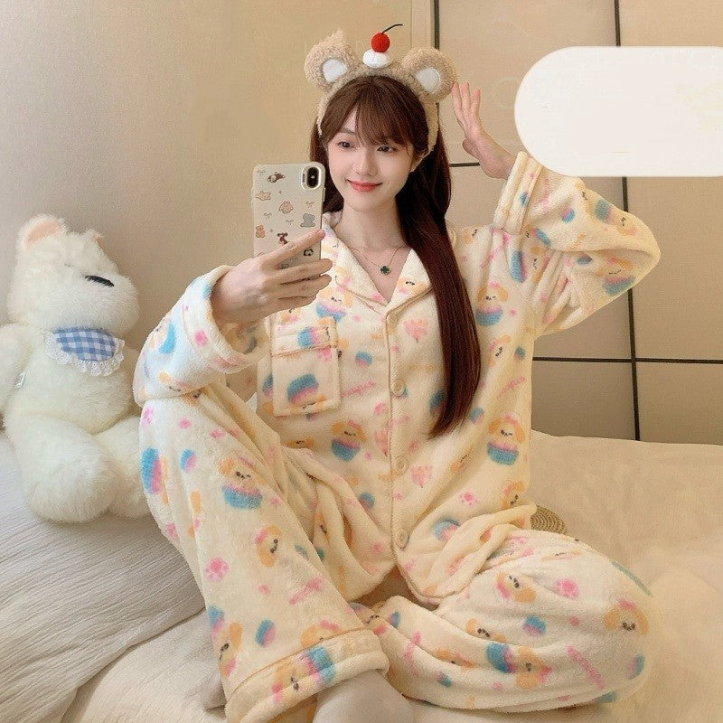 Winter Pajamas Lapel Neck Women's Pajamas Long Sleeve Kawaii Dog Warm Sleepwear Harajuku Style Cute Casual Pajamas Two-Piece