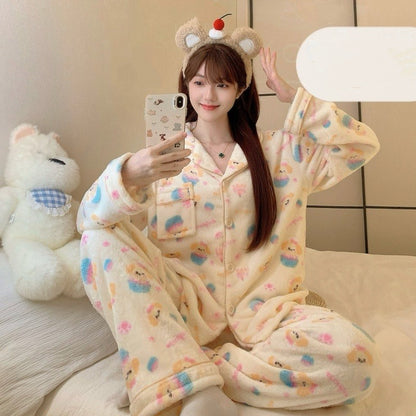 Winter Pajamas Lapel Neck Women's Pajamas Long Sleeve Kawaii Dog Warm Sleepwear Harajuku Style Cute Casual Pajamas Two-Piece