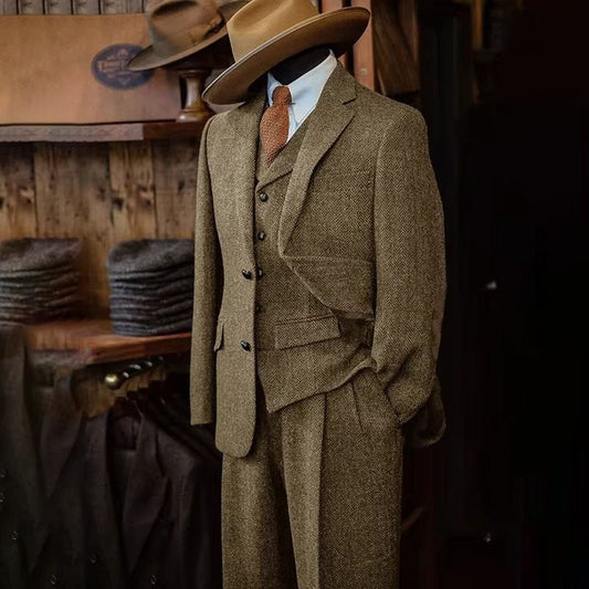Men's Three-piece Suit Herringbone Pattern Single Breasted Slim Fit Suits for Men Suit Set Luxury 2025 Costumes Man Formal Suits