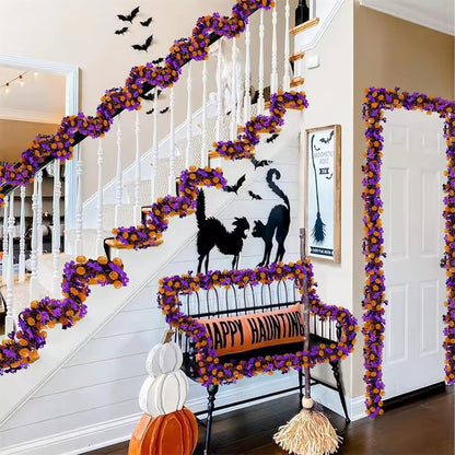 Halloween Tinsel Garland 2M Purple Tinsel Garland with Pumpkin Bat, Halloween Decoration for Indoor Outdoor Garden Party Porch