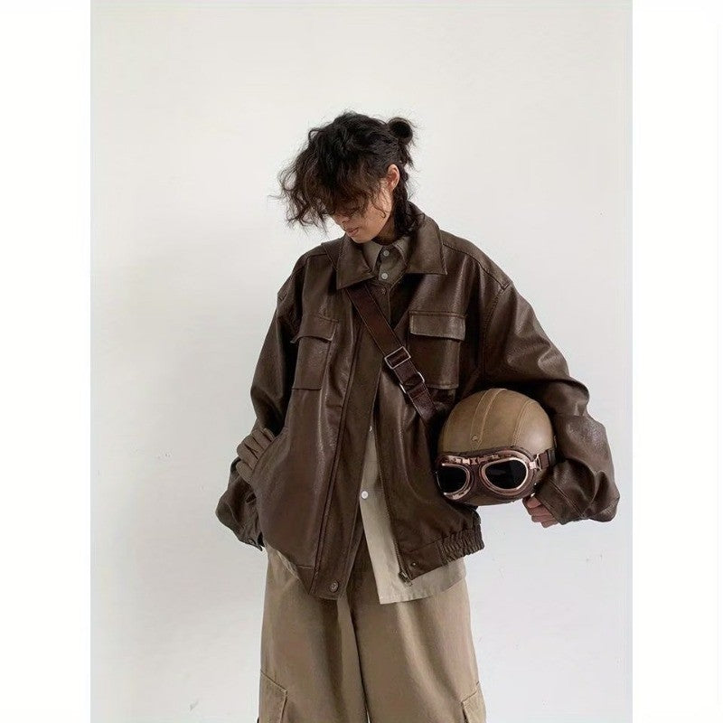 Motorcycle Leather Jacket Men Bomber Pilot Retro Loose Pu Short Coat Japanese Casual Streetwear Multi Pocket Trend Outwear New