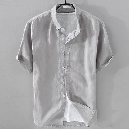 100% Linen Short Sleeve Shirt Men Cotton Linen Clothing Top Casual Summer Half Sleeve Shirt Loose Style Square Collar