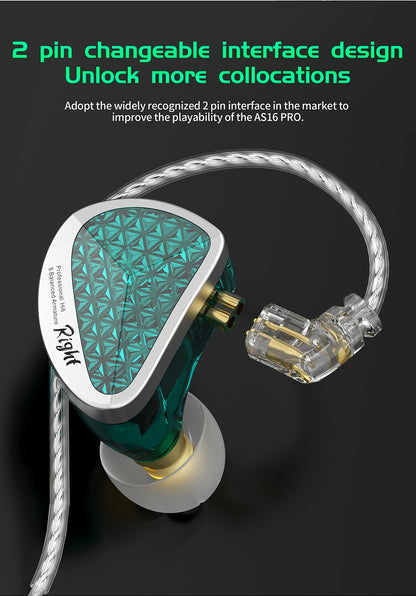KZ AS16 Pro In Ear Wired Earphones 16BA Balanced Armature HIFI Bass Monitor Headphones  Noise Cancelling Earbuds Sport Headset