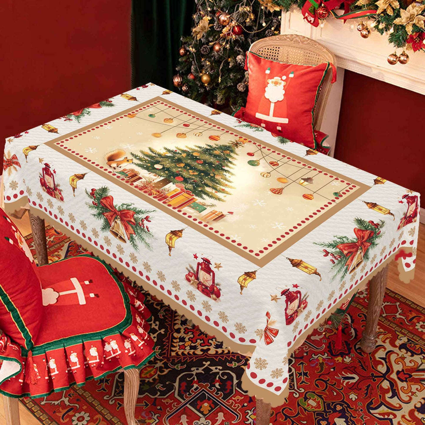 1 Piece Christmas Round and Rectangular Tablecloth, Various Sizes, Charming Christmas Tree Snow Scene Gold Tablecloth, Christmas Garden Tablecloth Decoration, Tablecloth for Daily Home Kitchen, Terrace, Gift