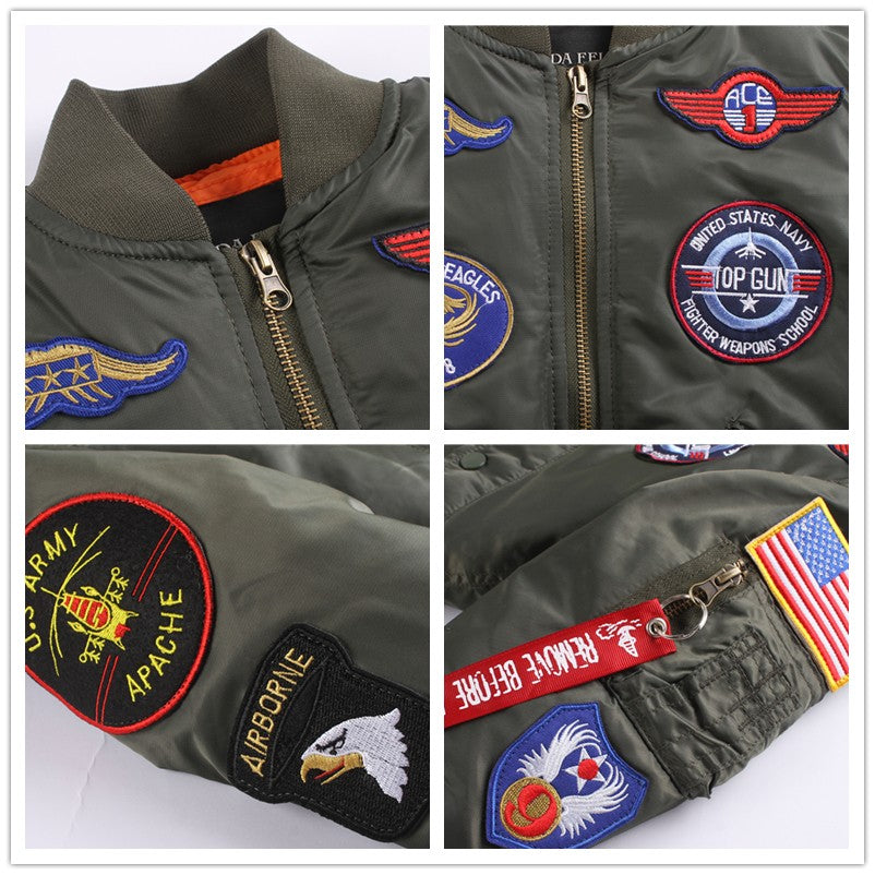 2023 Military Pilot Flight Quilted Winter Kids Toddler Clothes Boys Girls Satin Letterman Varsity Bomber Jacket with Patches