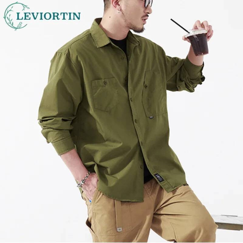 Men's Cargo Shirt Long Sleeve Premium Cotton Solid Color Japanese Streetwear Simple Handsome Chest Pocket Outdoor Work Shirst