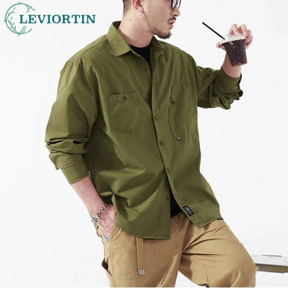 Men's Cargo Shirt Long Sleeve Premium Cotton Solid Color Japanese Streetwear Simple Handsome Chest Pocket Outdoor Work Shirst