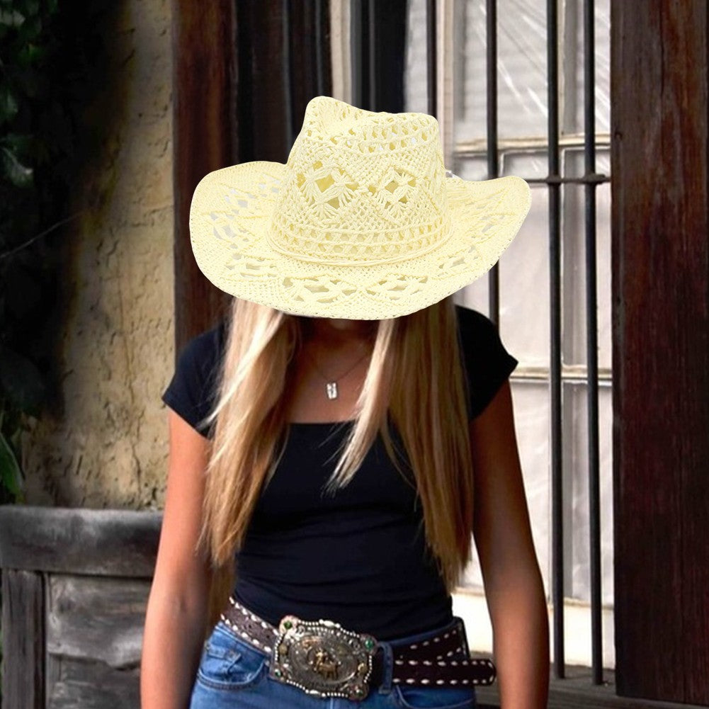 Chapéu de Sol Boêmio de Verão com Conchas, Chapéu de Cowboy Feminino e Masculino Dobrável Vazado de Palha com Aba Larga para Férias