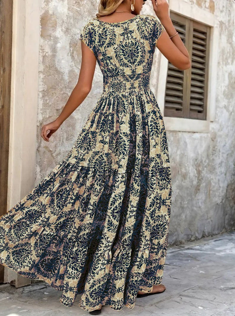 2025 vintage printed dress fashionable and elegant V-neck short sleeved jumpsuit long skirt women's clothing
