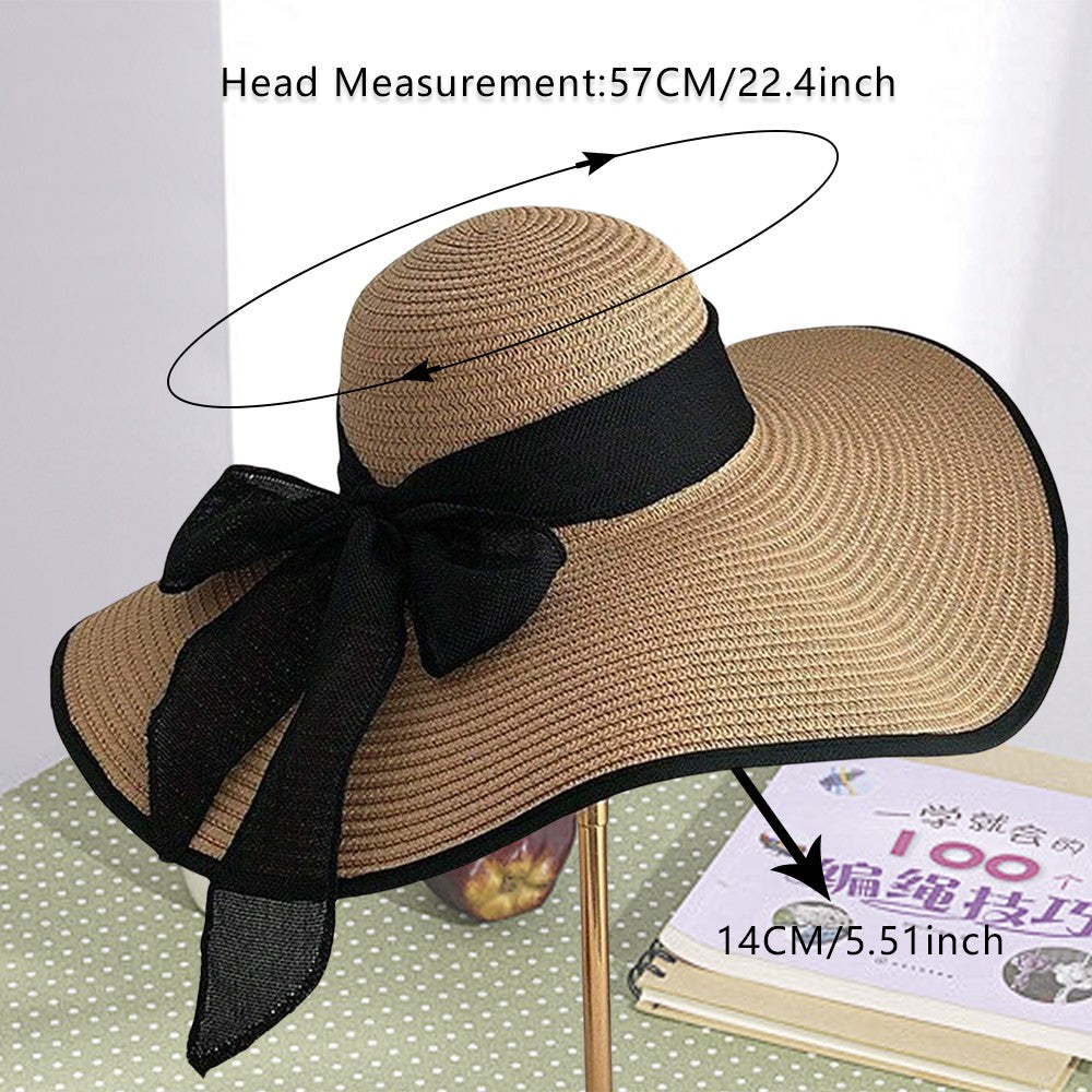 Beach Straw Hat For Women Summer Seaside Vacation Oversized Brim Wweet Bow Lace Edge Sun Protection Hat Foldable