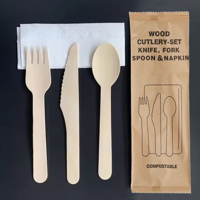 Kit de Talheres Descartáveis de Madeira (Garfo Faca Colher e Guardanapo de Papel) Louça de Madeira Biodegradável Portátil para Festas Acampamento Refeições