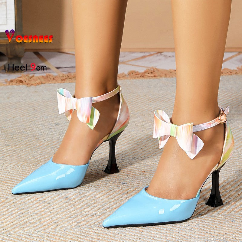 9CM High Heels Dress Shoes Summer Bowknot  Ankle Strap Blue Pointed Toe Women Sandals Ladies 2025 Elegant Outdoors Walking Shoes