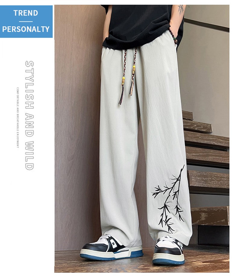 Novas Calças de Seda Gelo Chinesas Masculinas Verão Fina Solta Perna Larga Marca de Moda Seda Gelo Estilo Chinês Calças Casuais Bordadas Frescas