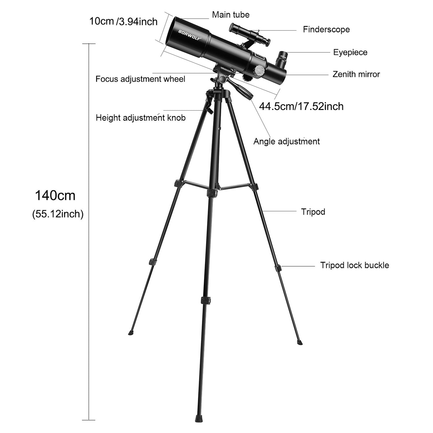 BORWOLF AZ80400 Telescópios Astronômicos para Adultos, Abertura de 80mm Montagem AZ de 400mm 200X HD para Observação da Lua, Estrelas e Pássaros