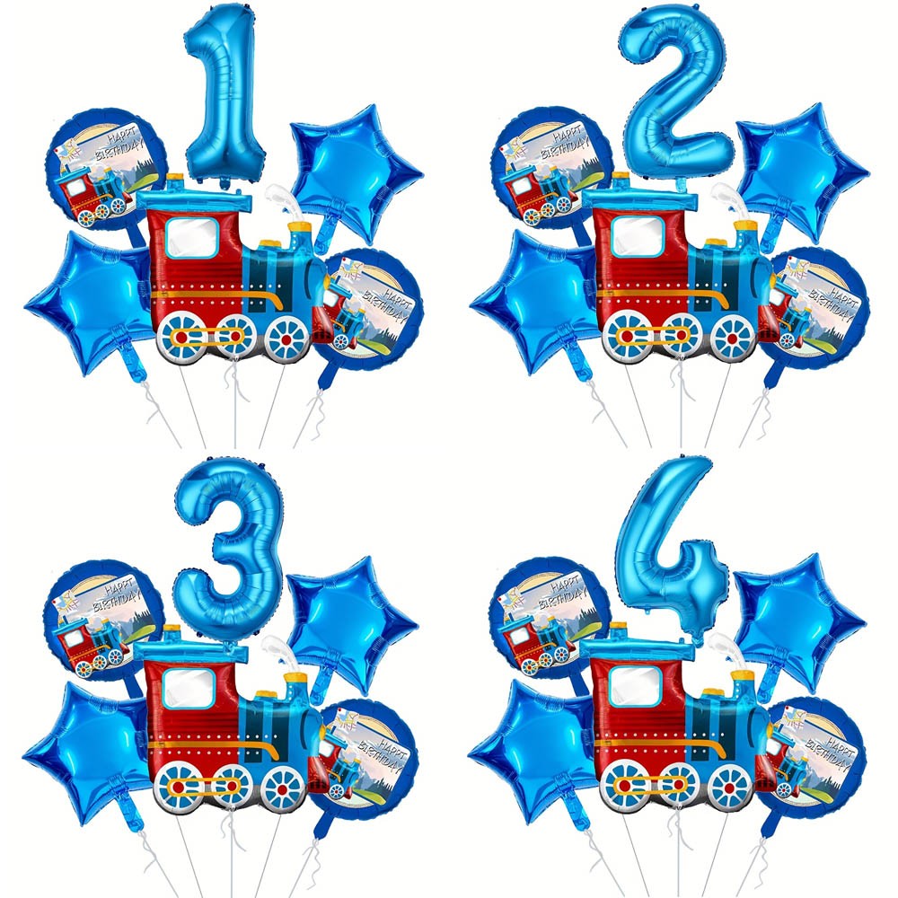 6pcs Retro train Balloon Set Blue Digital 0-9 Foil Balloon Cartoon Train Balloon Birthday Party Decoration Supplies Baby Shower